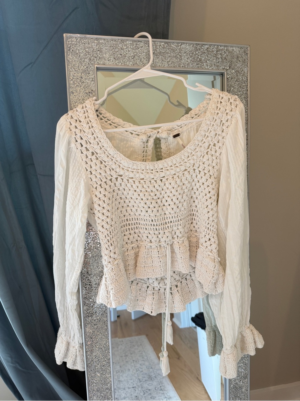 Free People- Women’s Cream Crochet Peplum Blouse - Boho Long Sleeve Top